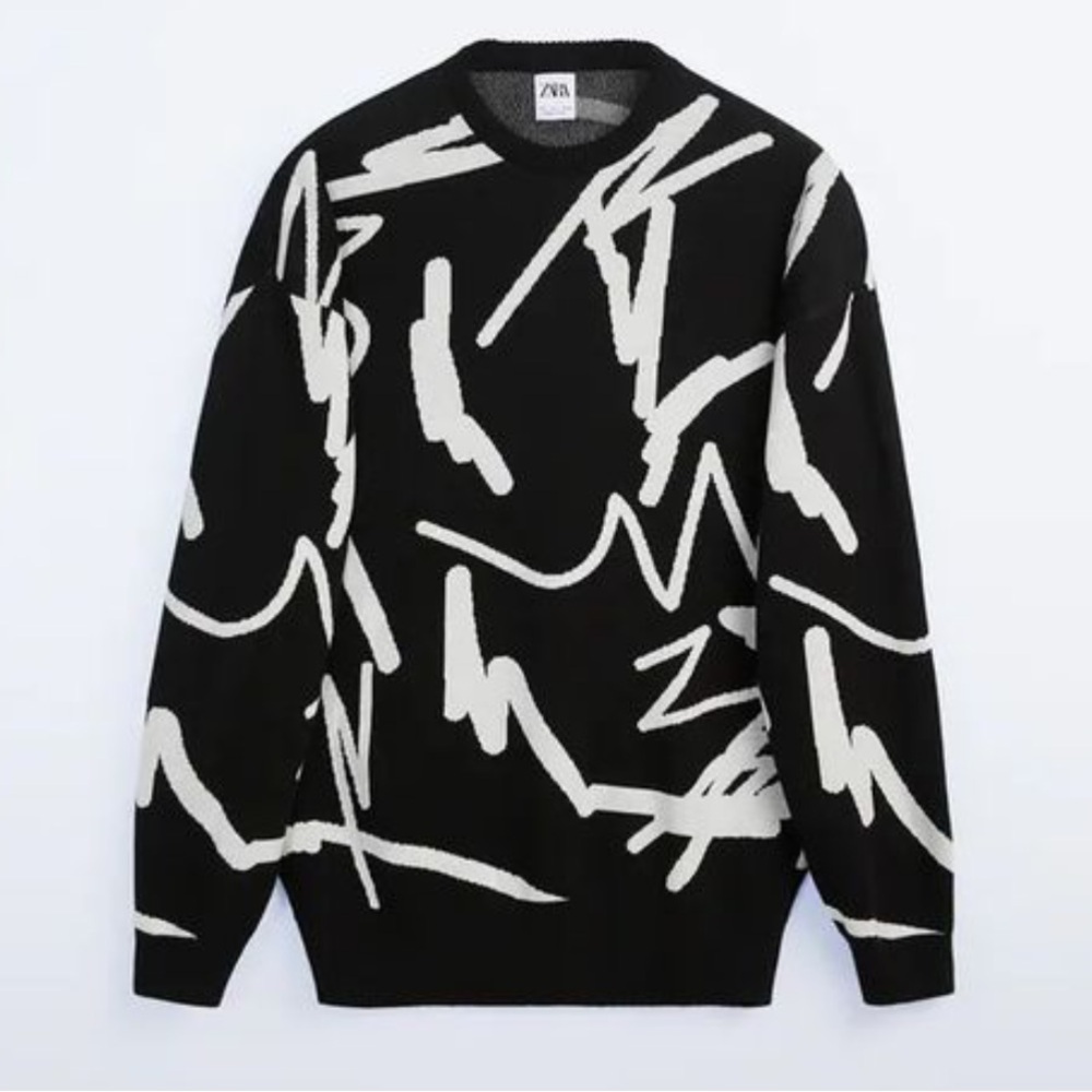 Zara Men's Abstract Line Art Crewneck Sweater